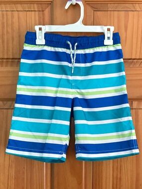 Boy’s size 8 Lands’ End striped blue, green, and white swim trunks